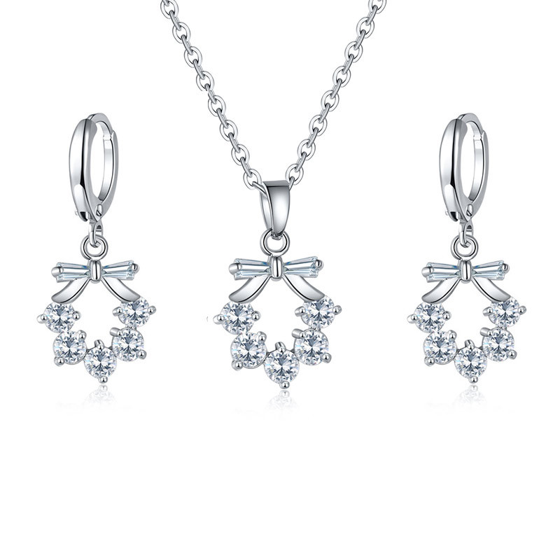 Newest Fashion Platinum Plated Bow Flower Necklace Earring Set Silver Diamond White Gold Copper Alloy Jewelry Sets