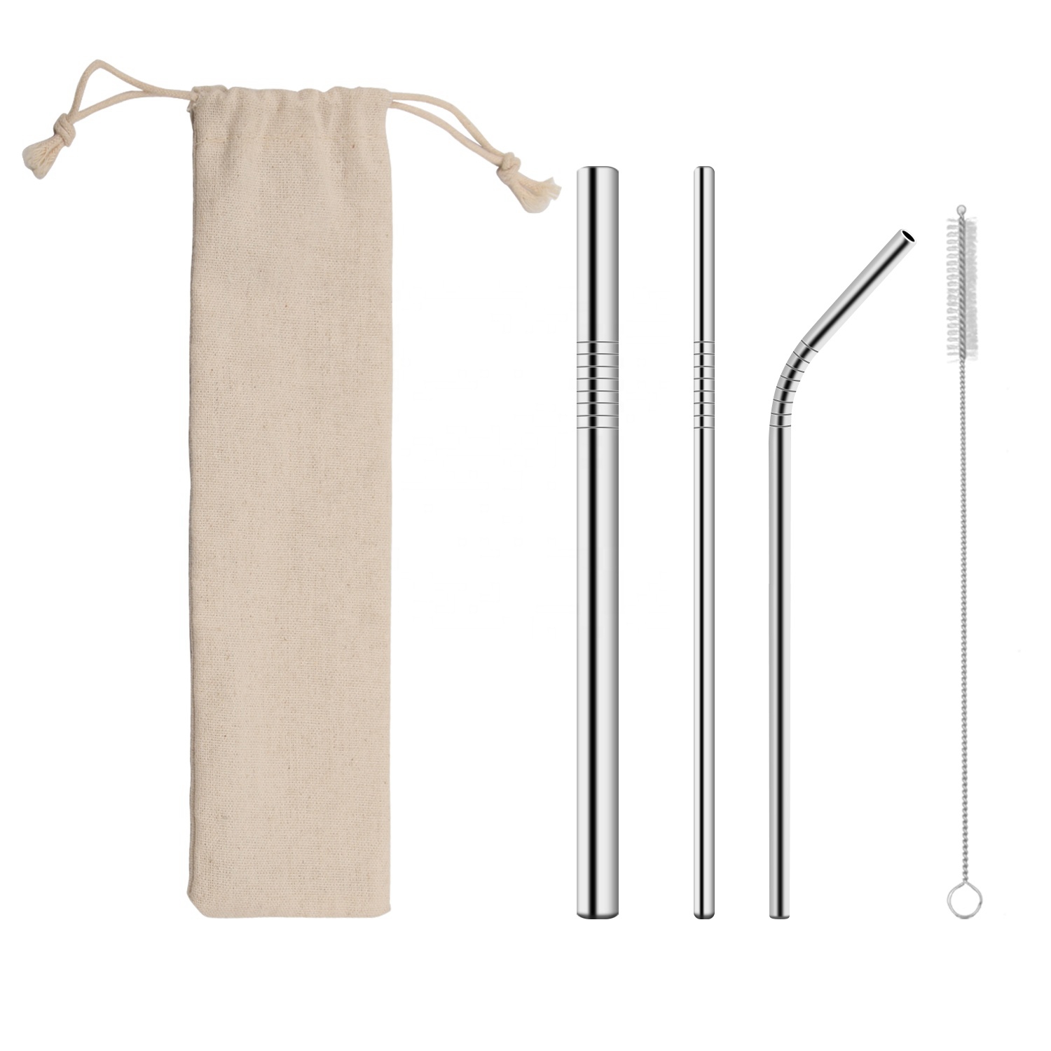 Eeo-friendly Reusable Drinking Straws Set With Bag Customized Logo 304 Stainless Steel Metal Straw