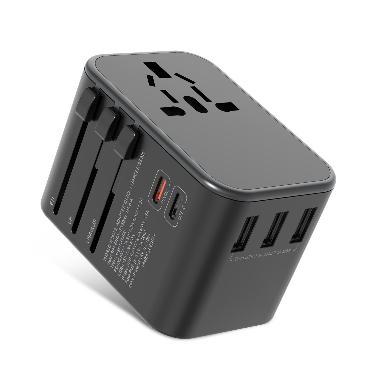Новый мировой адаптер для путешествий 33,5 Вт Pd двойной USB-C 3 USB настенное зарядное устройство розетка евро США Великобритания адаптер