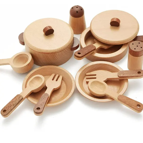 Custom Pretend Preschool Cognitive Toy Non-toxic Wooden Kitchen Pot Set  Wooden Education kitchenware cooking toys for kid