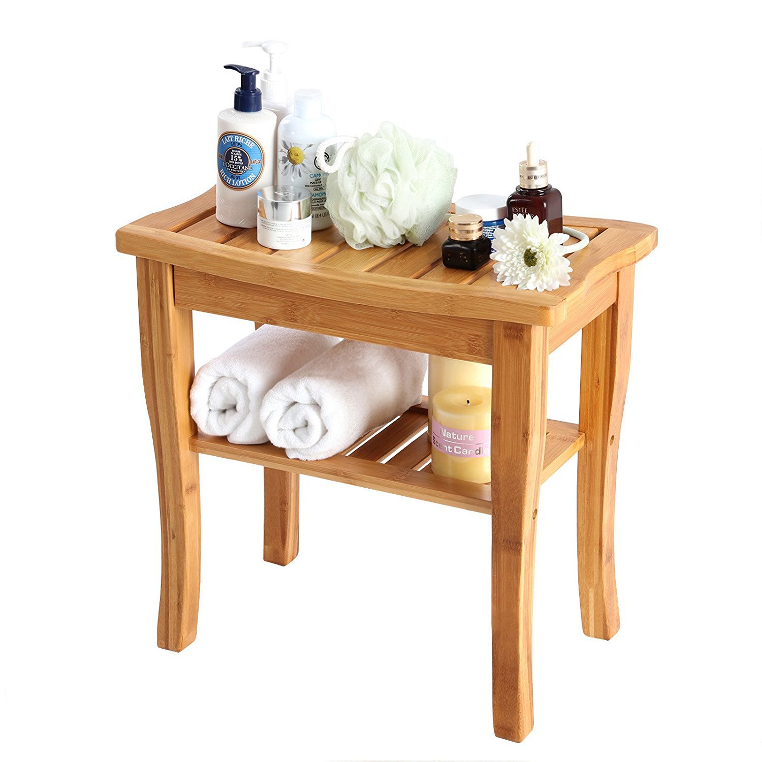 New Arrival Bamboo Shower Bench Seat Pedicure Spa Chair with Storage Shelf