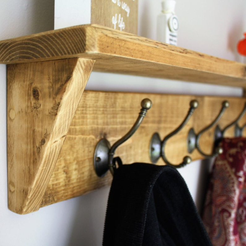 Rustic Reclaimed Wooden Coat Rack Coat Hooks With Shelf Wall Mounted Solid Wood Antique Oak Wax Colour Cast Iron Hooks