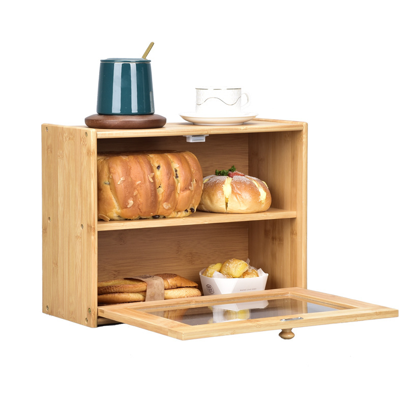 Wooden Food Storage 2 Tier Wooden Large Bamboo Fiber Bread Storage Box with Transparent Window