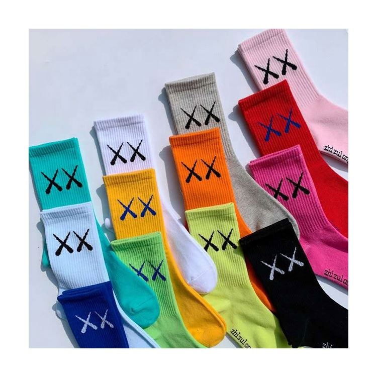 2021 14 colors stylish double X letter embroidery solid color knit cotton socks women crew socks