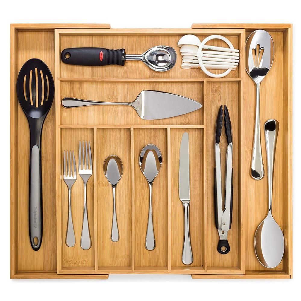 Bamboo Adjustable Drawer Organizer Expandable Silverware Organizer Utensil Holder Cutlery Tray