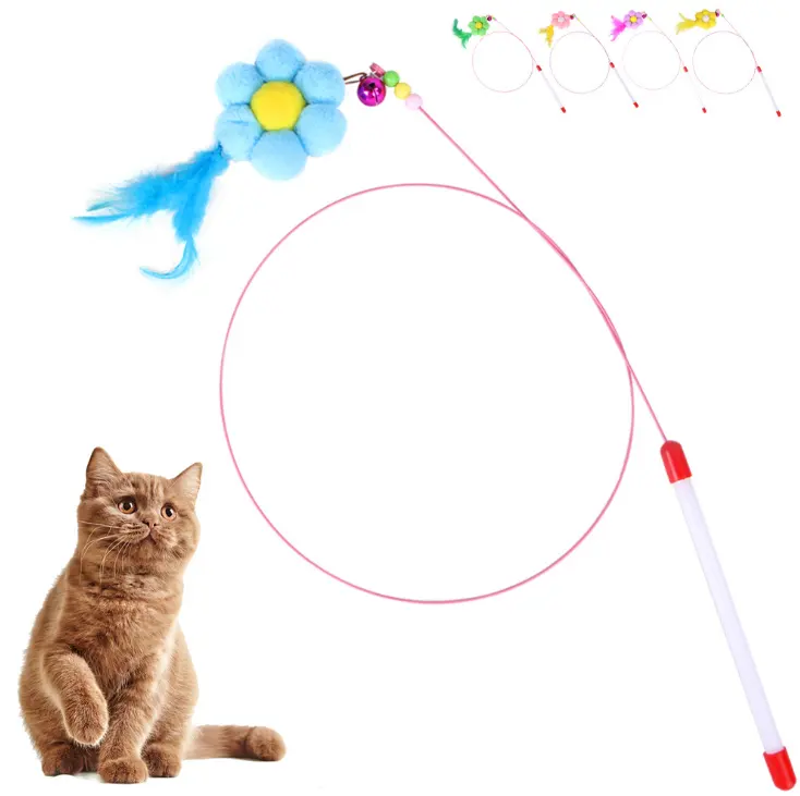 Popular New Designed Bell Wire Multicolor Flowers Funny Cat Stick Feather Cat Toys Set Pet Shop