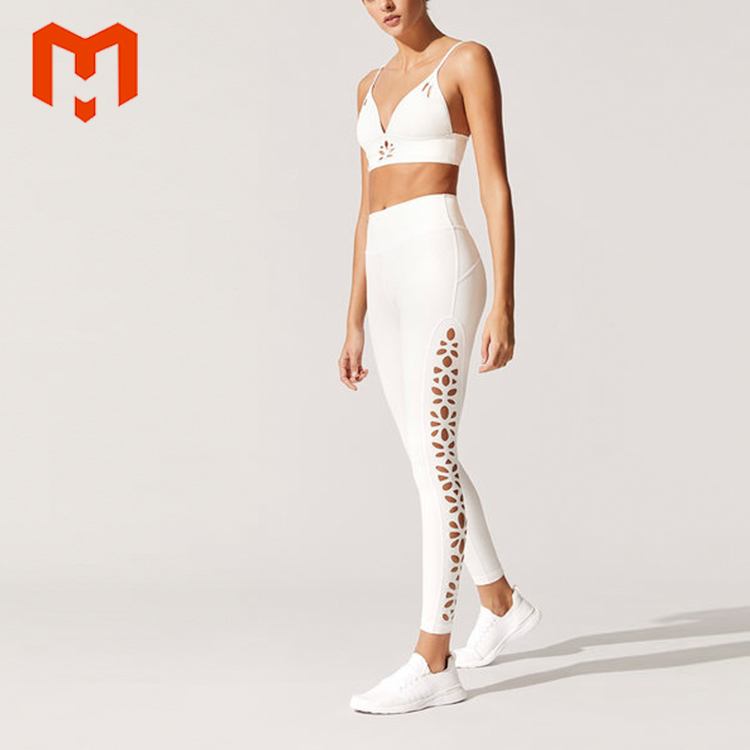Fashion design ladies high waist yoga pants for gym workout set laser cut leggings
