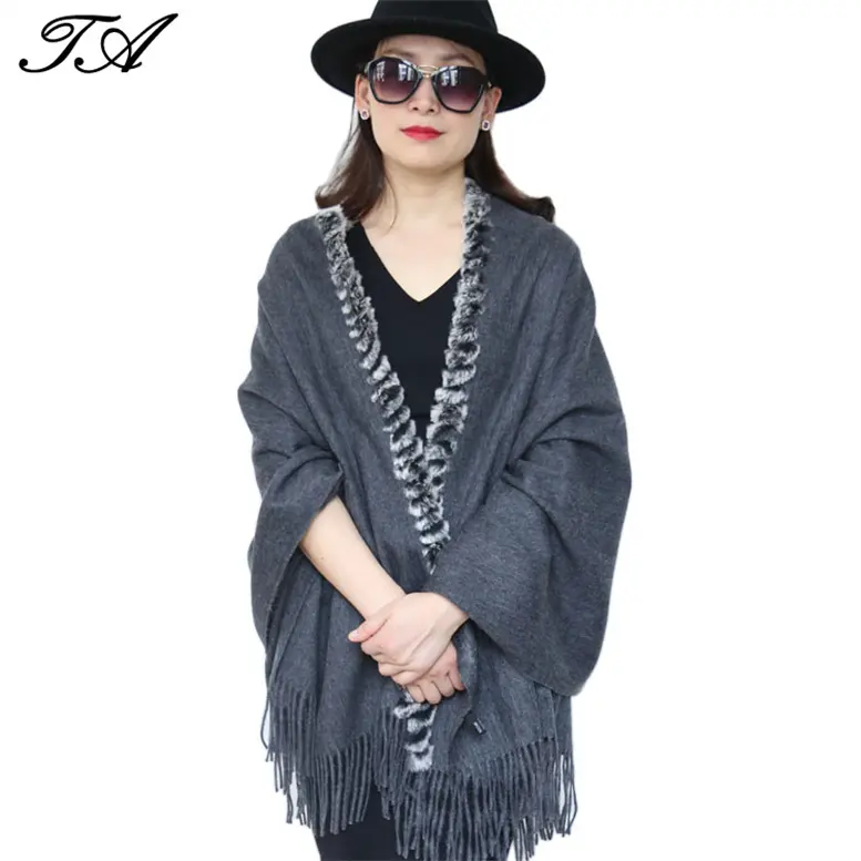 New Style Plain Rabbit Fur Trim Tassel Yarn Dyed Knit Long Big Woolen Shawl