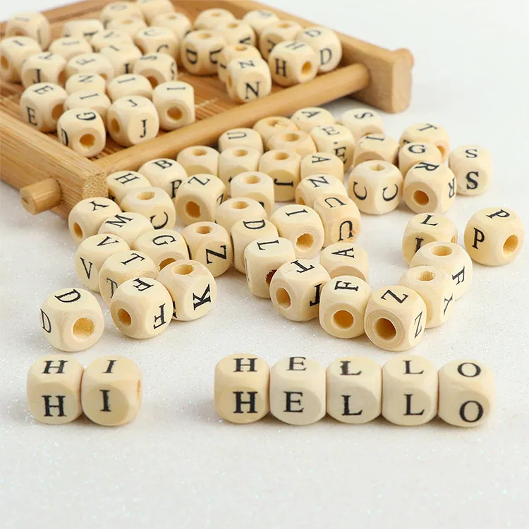 10mm 12mm Wooden Square Cube Alphabet Letters Beads For Personalized Baby Education