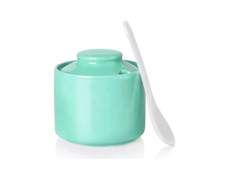 Ceramic Sugar Pot Bowl with Lid and Spoon Porcelain Seasoning Box Salt Bowl