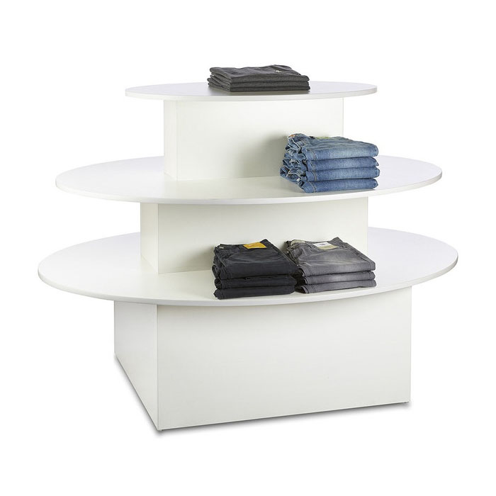 Modern retail round tiered clothes display table wooden clothing store garment display table for retail stores