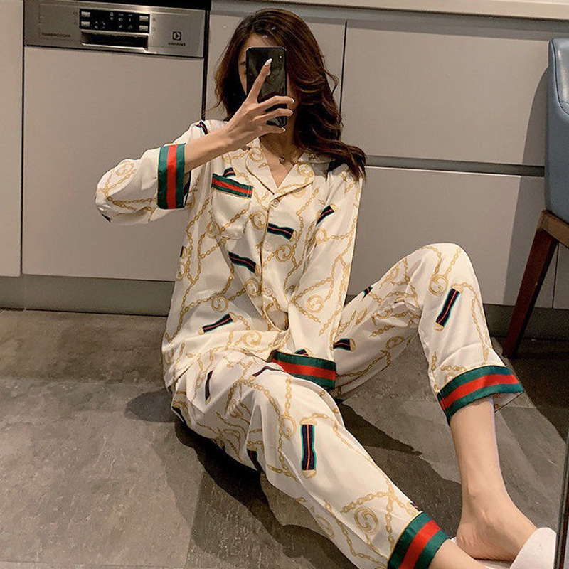 Top selling Products 2021 Summer Milk Silk Sleepwear Skirt Round Neck Cartoon Cute Printing Women Long Sleeve Sleepwear
