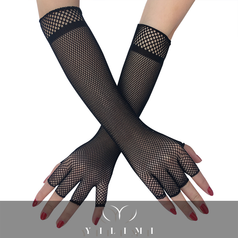 YILIMI New Women Sexy Fingerless Black White Lace Nylon Gloves Fishing Net Sexy Wedding Gloves