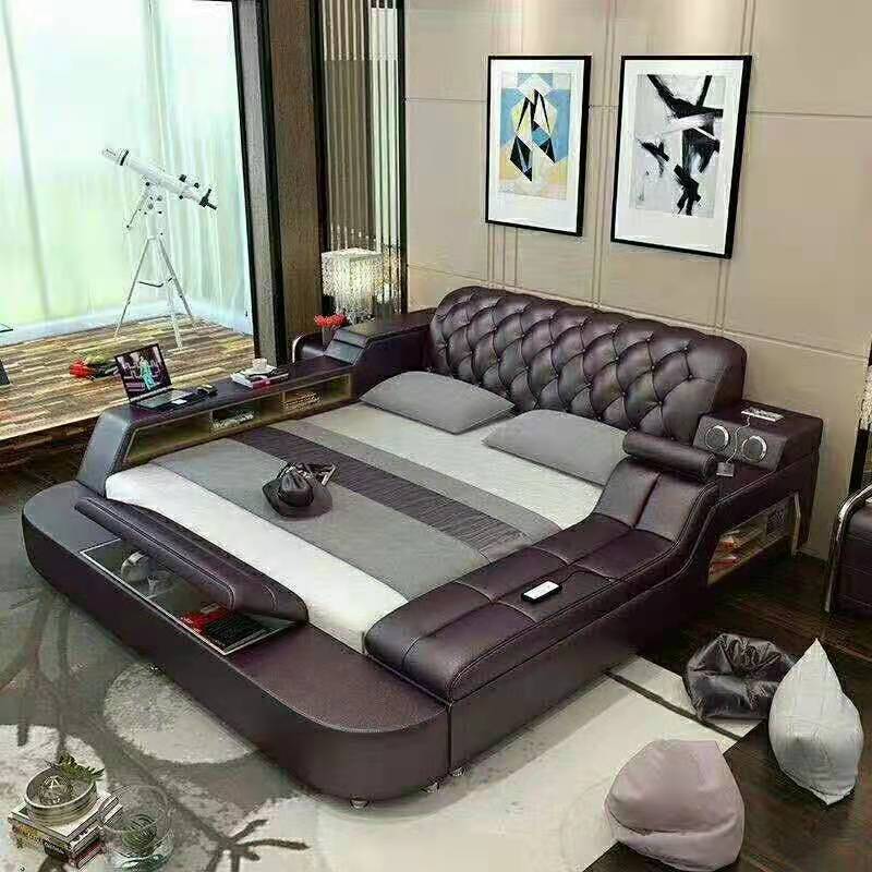 Bed room furnitures Functional bed solid wood frame leather bed modern