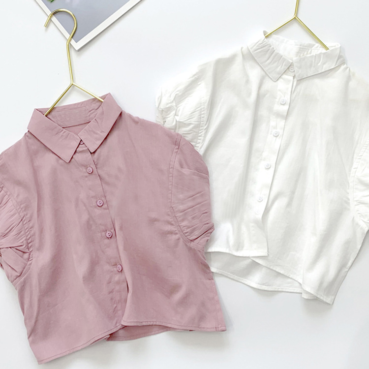 HT23D247 summer new arrival infant baby girls blouse puff sleeve solid pink white toddler kids tops shirts children clothing set