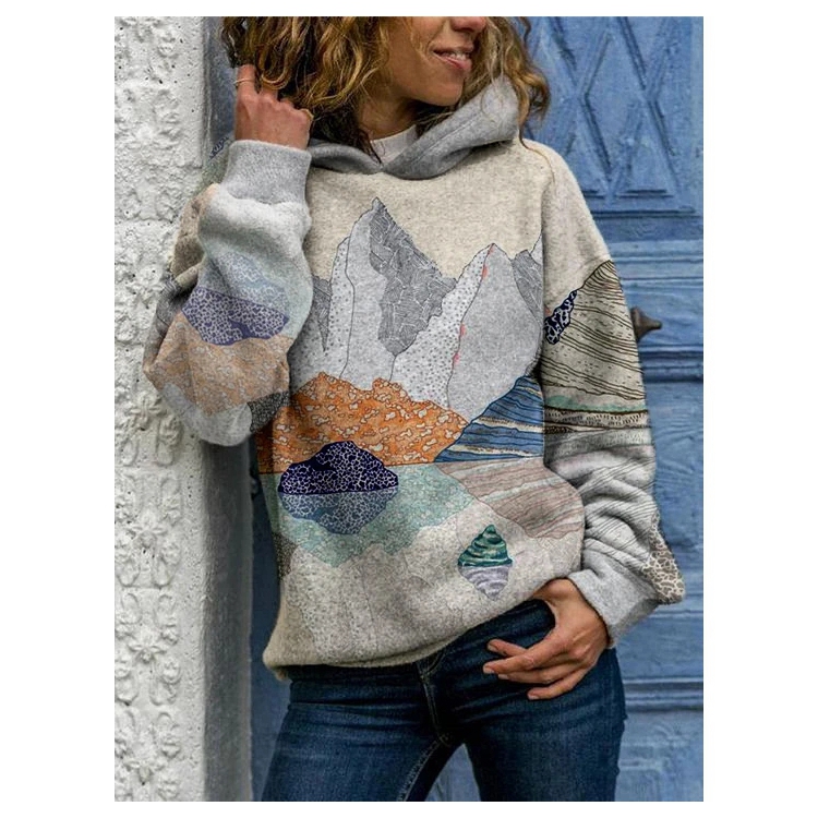 BL21H1005 vintage temperament Chinese style landscape printed with factory 2021 high quality fashion hoodies women