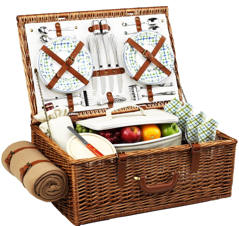 JY Bulk 4 Picnic Baskets Wood Rattan Picnic Gift Basket Portable Wicker Willow Picnic Basket With Cooler
