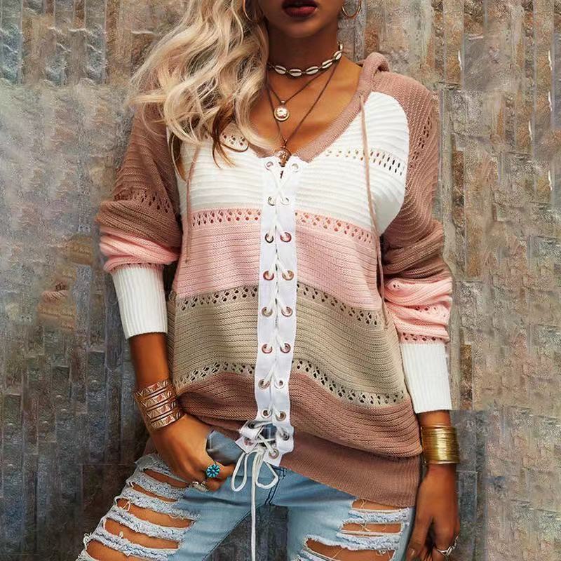 Amazon Hot New Winter Lady Cardigan Straps Sweaters Women Long-Sleeve Stitched Top Clothing