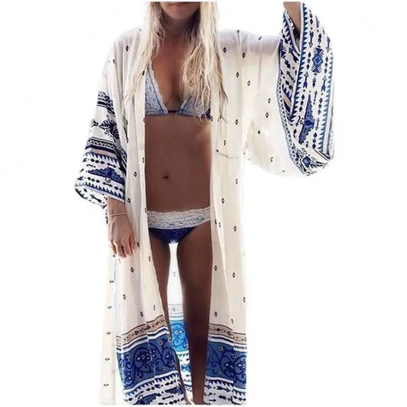 Напечатанная прозрачной шифоновое длинное кимоно кардиган летнее Boho Женская Макси блуза с рукавами «летучая мышь» свободные рубашки для мальчиков летние топы для женщин