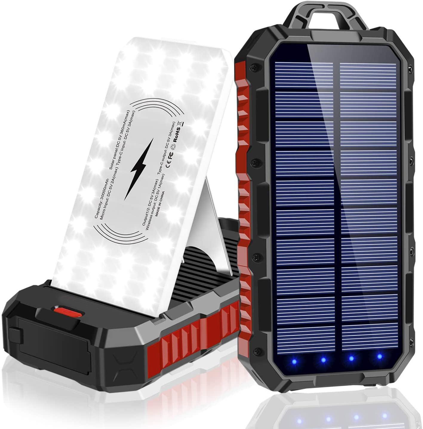 34 LED Lights Solar Powerbank Wireless Charging Solar Phone Charger 30000mAh Solar Wireless Power Bank
