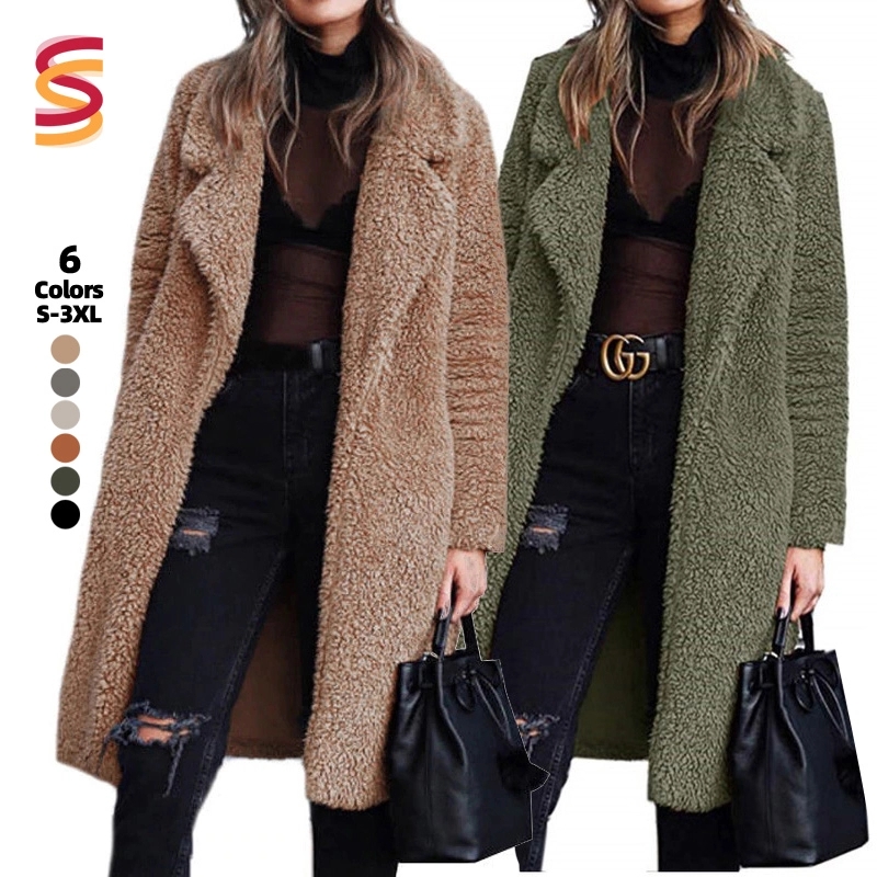 2 pieces set women Warm Thick Fur Teddy collar single button plus size long coat jacket