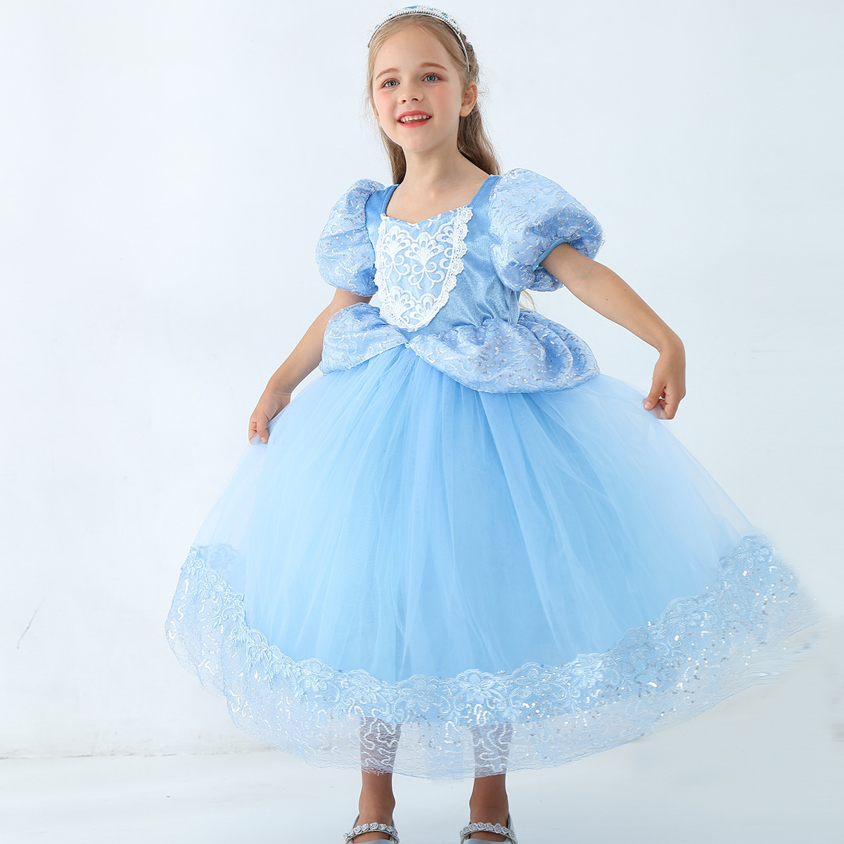 New Design Blue Ball Gown Cosplay Party Costume Cinderella Princess Dress For Kids Girl