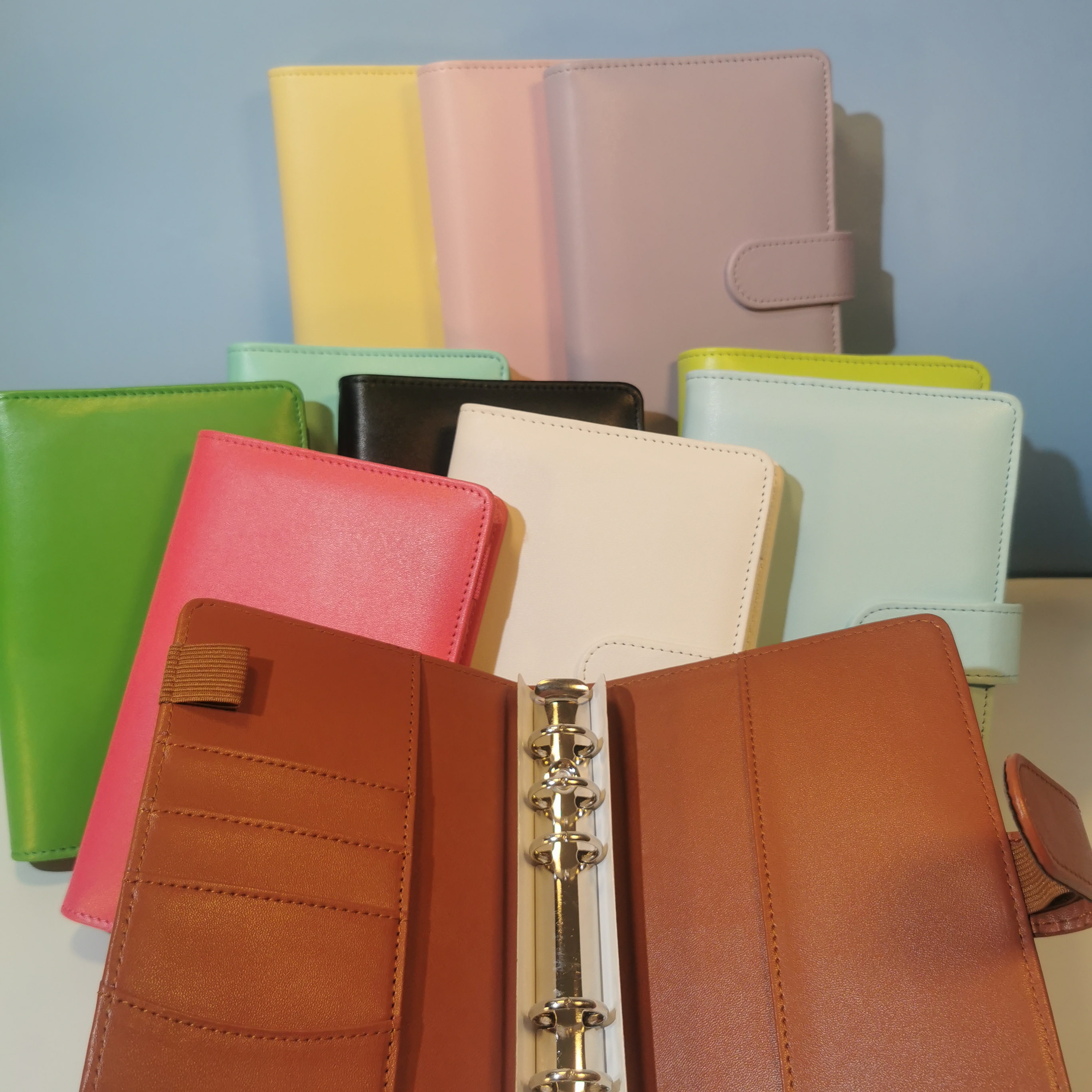 Wholesale A5 A6 Ring Binder PU Leather Macarons Coloured Notebook Loose Leaf Planner Budget Binder with Envelopes