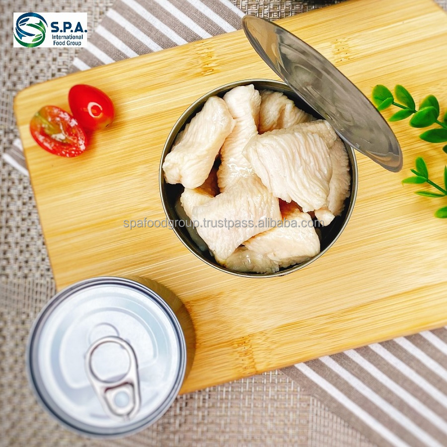 100 % natural HALAL healthy food canned chicken chunks meat in spring water with high quality and nutrition easy open lid