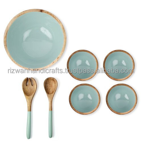 Wooden material Salad Bowl Enamel Coated with Wooden Salad serving Spoon, small bowl