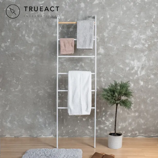 Free Standing Ladder Style White Bathroom Wooden With Metal Standing White Towel Racks