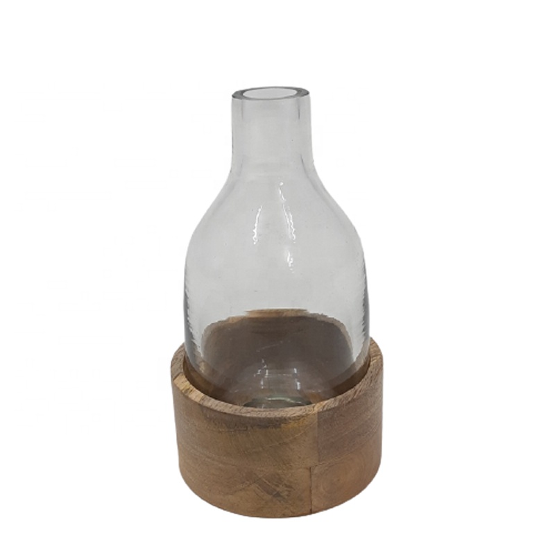 Home Decorative Latest Design Gorgeous Glass And Wood Table Top Flower Vase Natural Finishing For Home Decor