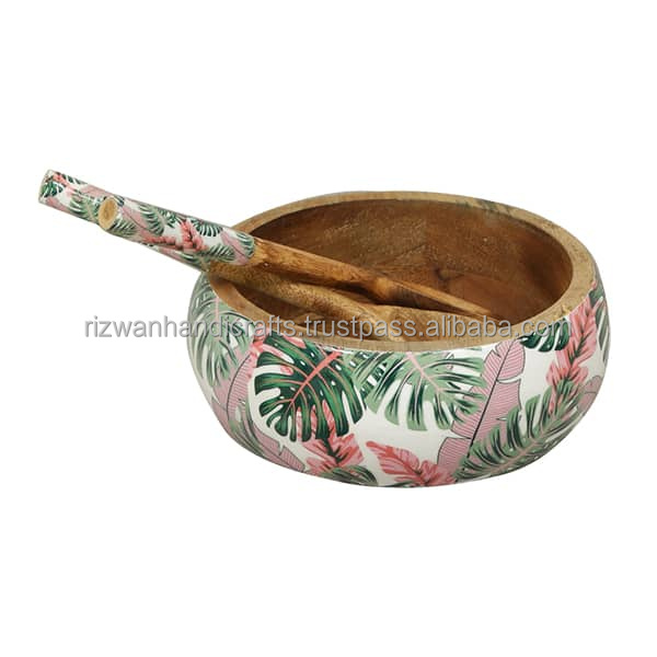 Wooden material Salad Bowl Enamel Coated with Wooden Salad serving Spoon