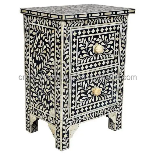 Handcrafted Bone inlay Black color 2 drawer bed side table of bone inlay furniture for home decoration By Craftsy Home