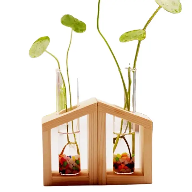Пробирка для растений, Современная ваза для цветочных бутонов с деревянным современным внешним видом, Элегантная стеклянная ваза из натурального дерева для использования на столешнице