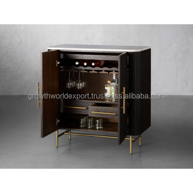 2024 Best 2 Door Wooden Bar Cabinet with marble top handmade carving Furniture black finished Storage Living Room Home furniture