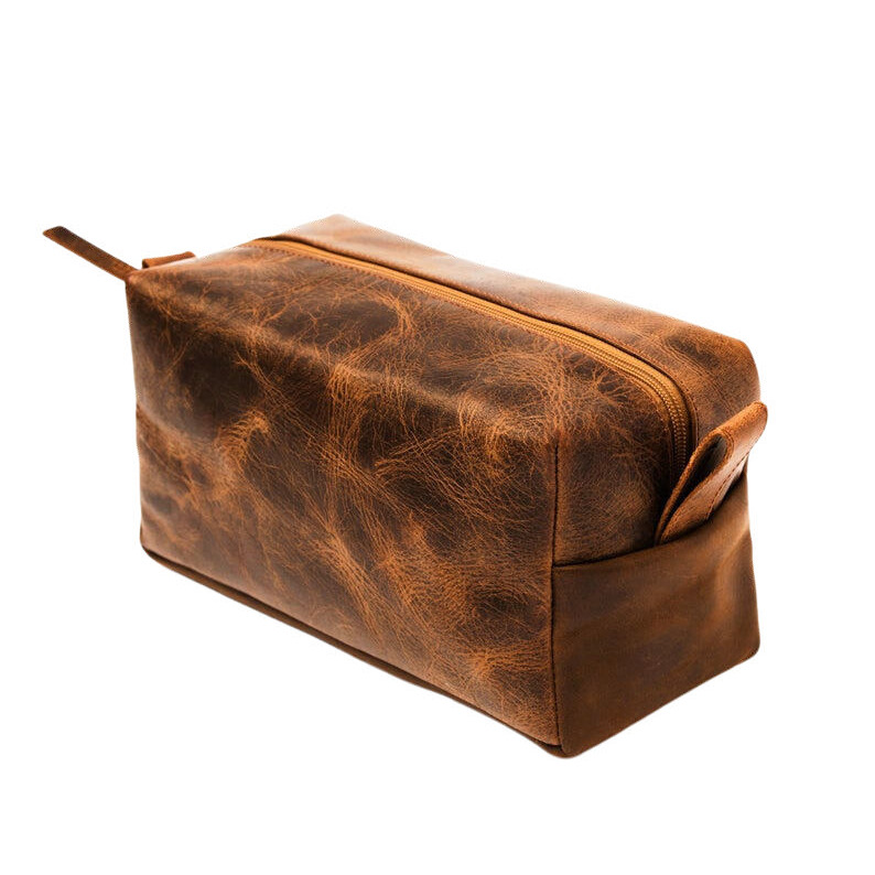 Genuine Buffalo Leather Toiletry Bag - Caramel Brown, Zipper Closure, Perfect for Travel Cosmetics