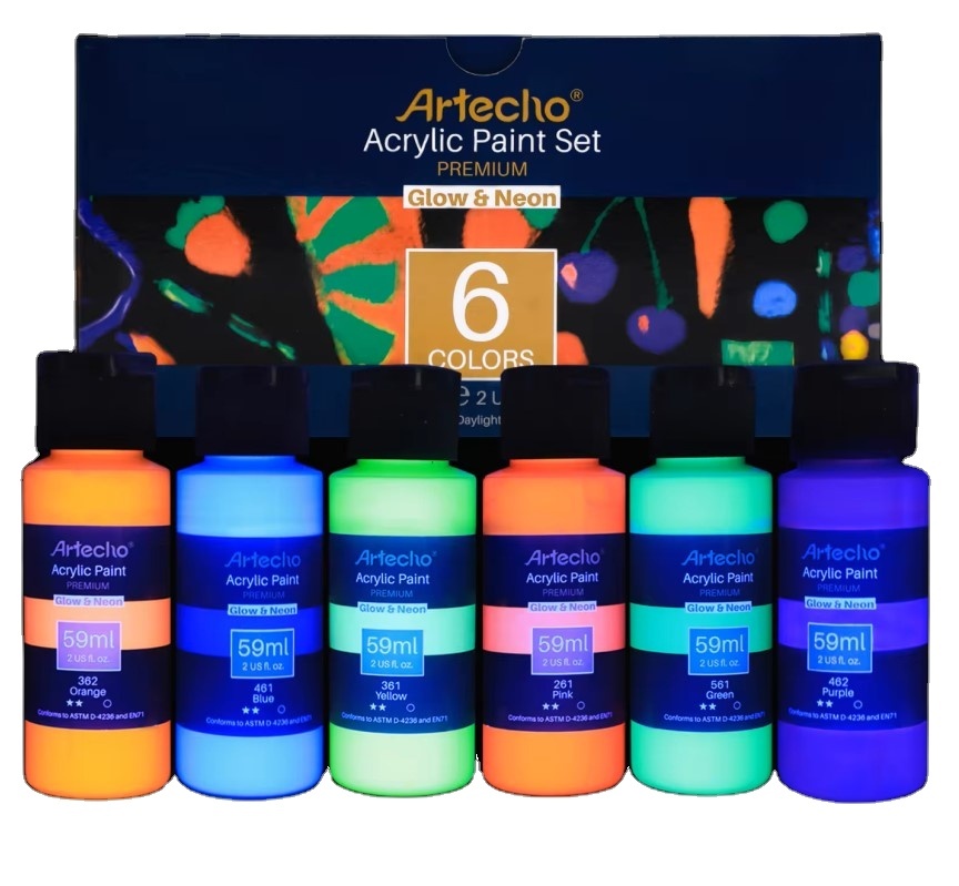Best Selling Acrylic Paint Set of 6 Neon Glow in the Dark 2 Ounce/59ml for Art Paint Decorate and surface