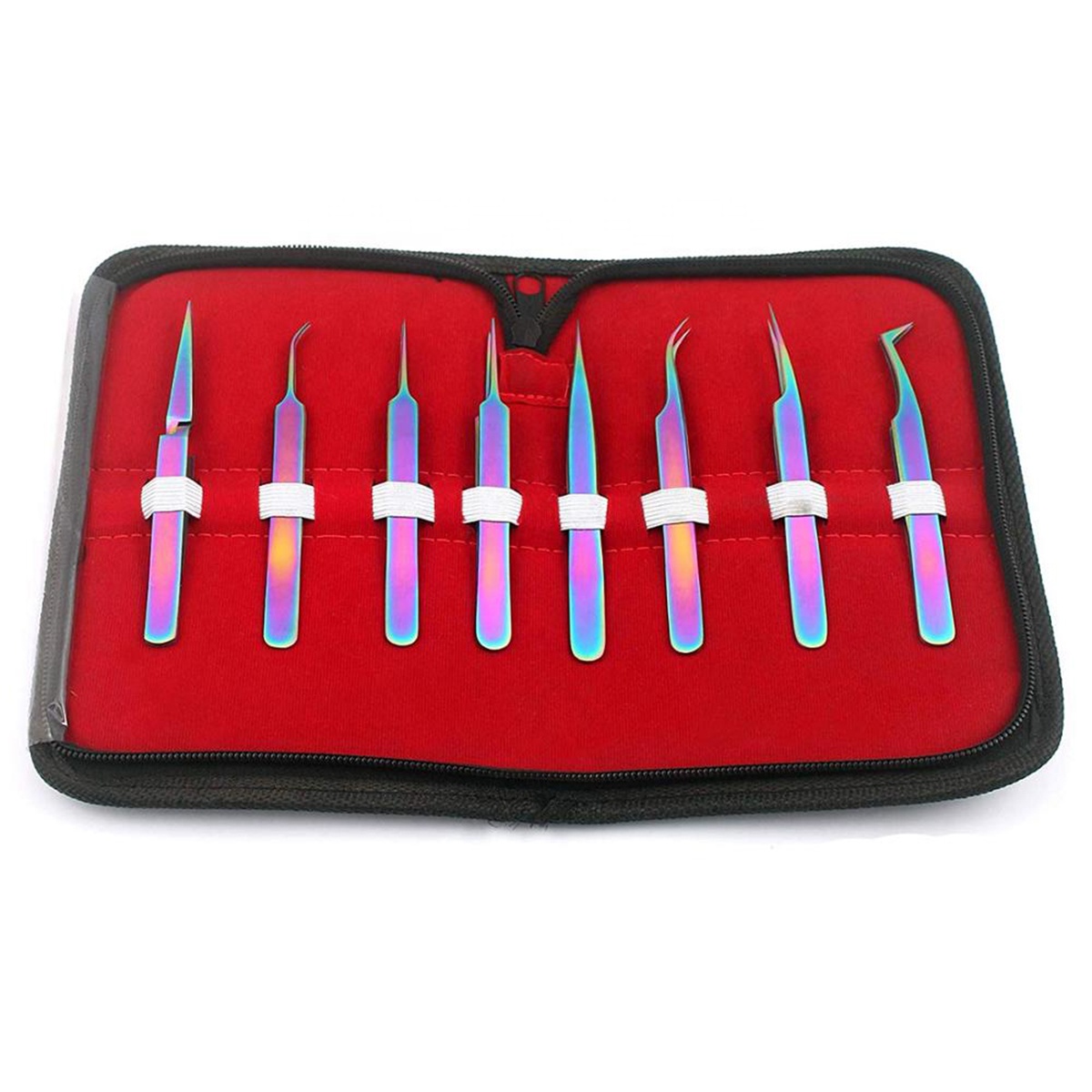 Stainless Steel Tweezers Set of 8 Pieces Rainbow Titanium Precision Non-Magnetic Anti-Static Forceps Eyelash Tweezers By RTFine