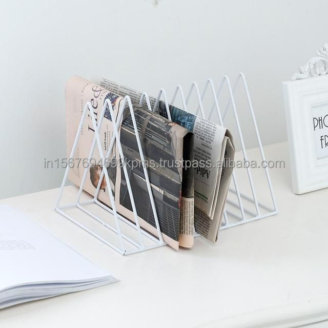 White Color Coated Magazine Rack Indian Handcrafted Triangular Shape Books Rack Study Table Shelve Decorative Extra Books Holder