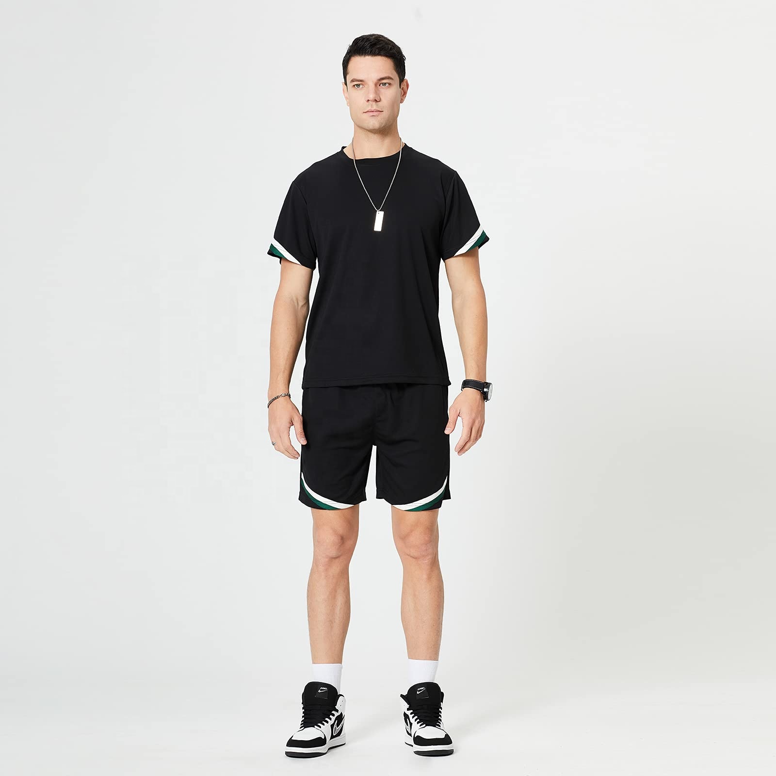 Latest new design O-Neck Half Sleeve T-Shirts and Shorts Back Twinset Black 100% cotton set oem style