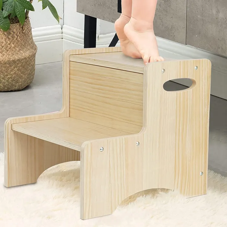 Toddler Step Stool For Kids Wooden 2 Step Children's Stool With Handles Wooden 2 Step Potty Stool For Toddler