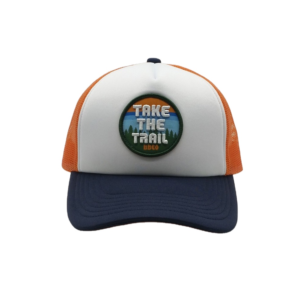 Custom High Quality 5 Panel 3D Embroidery Patch White Foam Orange Mesh Snap Back Trucker Cap Hats