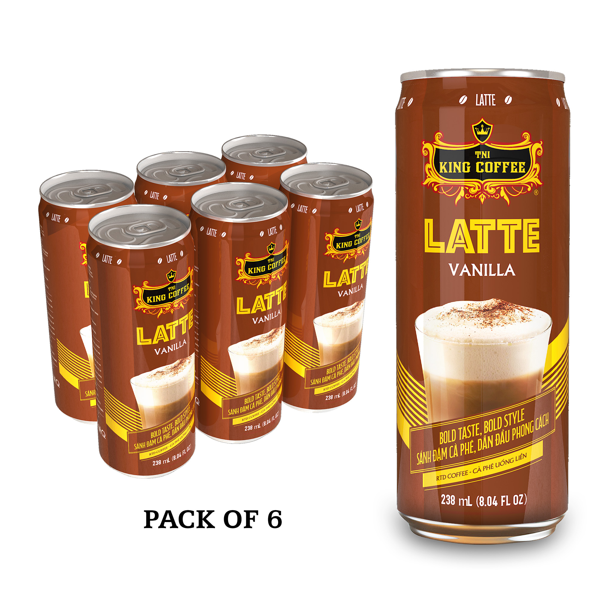 KING COFFEE - (RTD) банка с ванилью и латте с вкусным вкусом, 238 мл, упакованная в 24 коробки в коробке, подходит для новых и легких питьевых устройств
