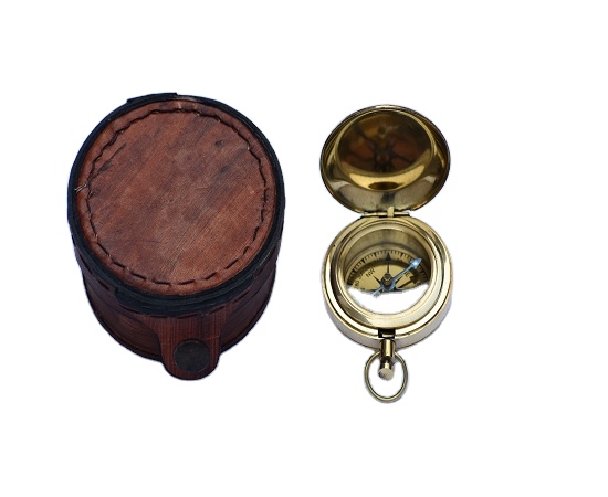 Vintage Style Brass Pocket Compass Push button Flat Compass w/Lid - Gray -Leather Box Brass Polished Gift Item