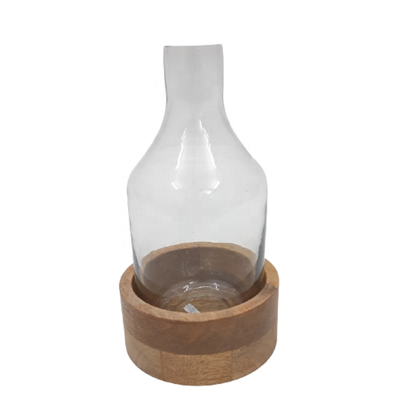Home Decorative Stylish Design Gorgeous Glass And Wood Table Top Flower Vase Natural Finishing For Home Decor