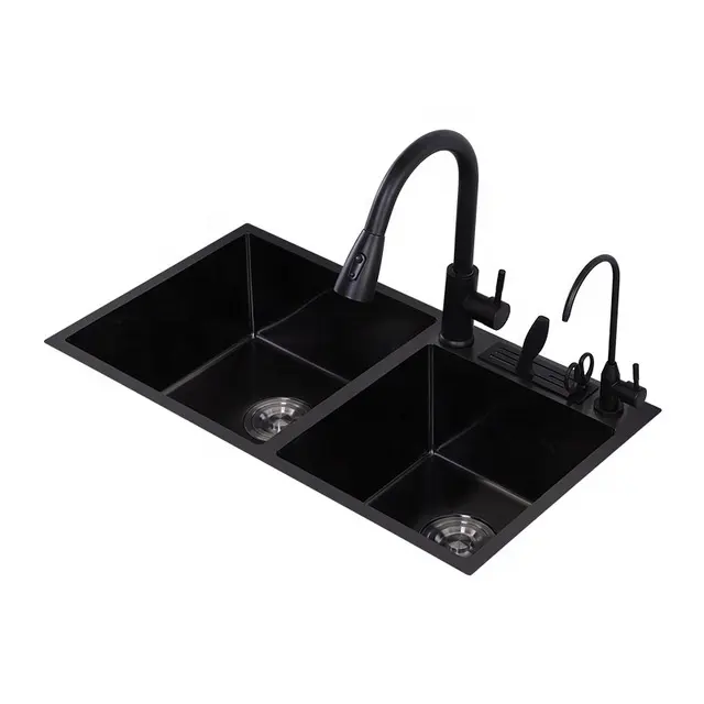SUS304 Nano Double Bowl Undermount Handmade Stainless Steel Black Kitchen Sink With Faucet