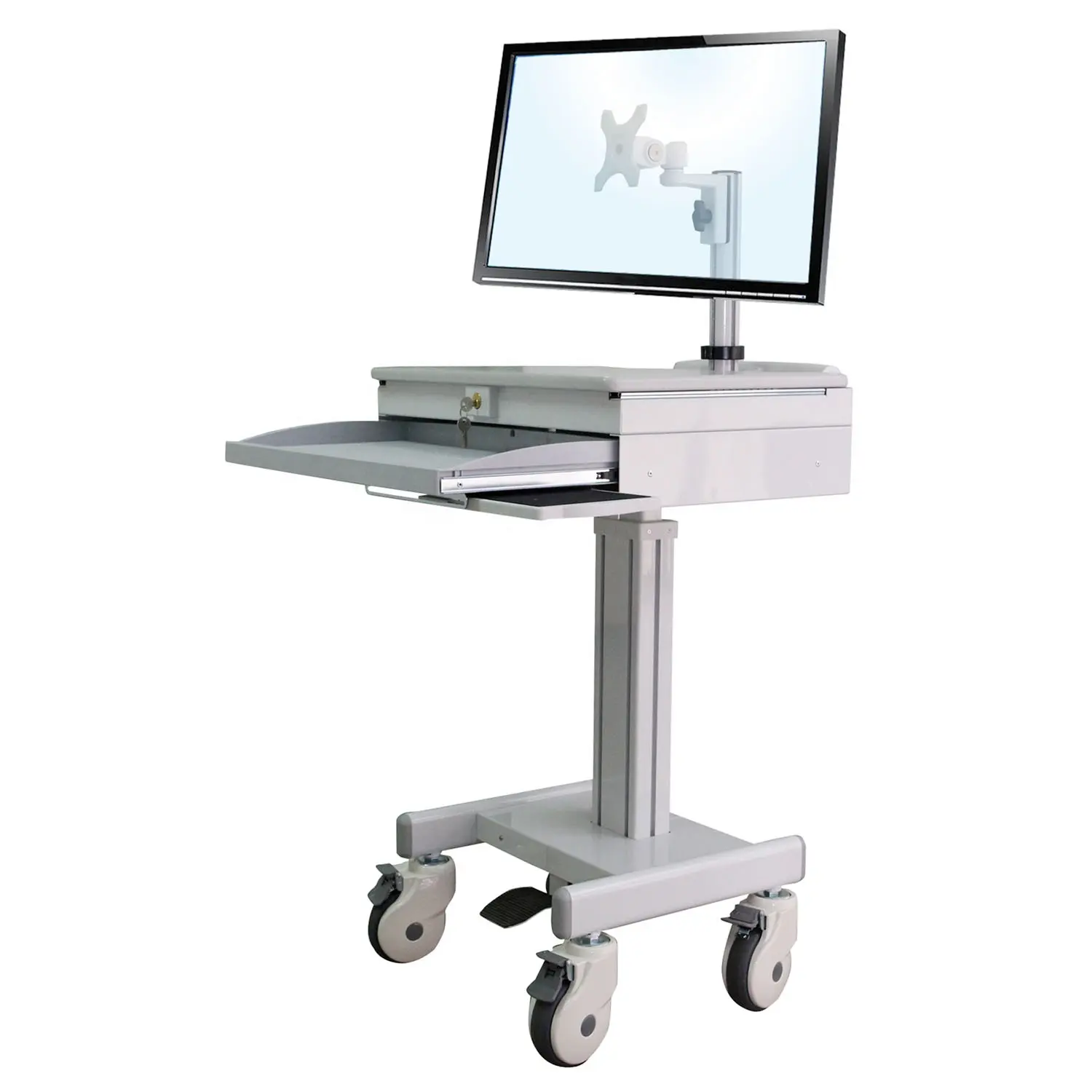 Hospital Monitor Trolley Medical Computing Cart Workstation With LCD Arm Support 1 Monitor And Lockable Laptop Storage Space