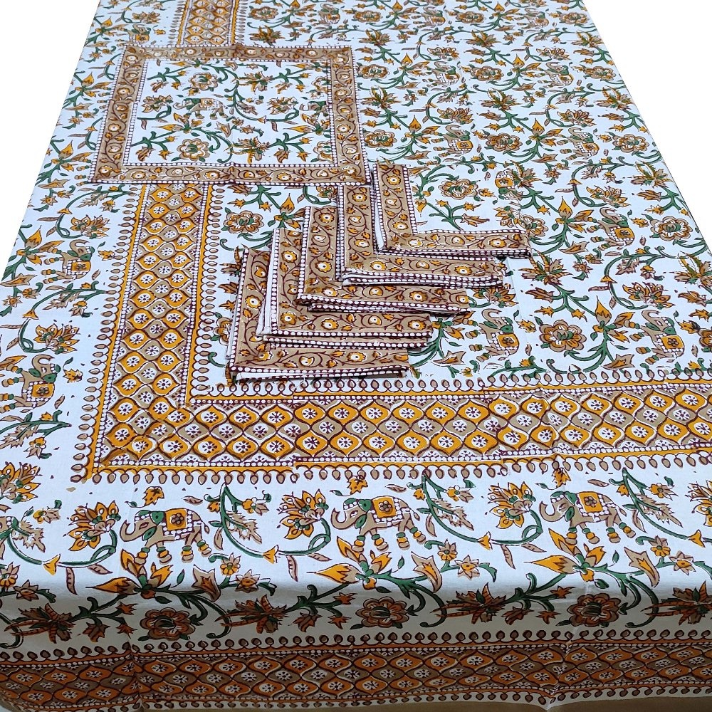 Cotton Block Printed Rectangle Table Linen Rectangle Table Cloth With 6 Napkin Dining Table Linen Tablecloth With 6 Napkin