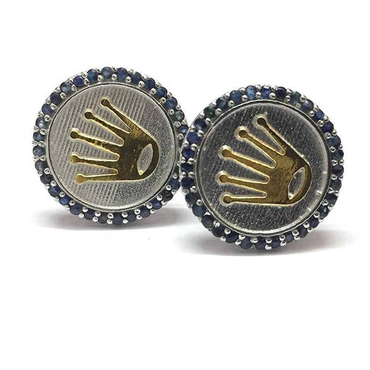 Luxury Gold Crown Cufflinks Engagement High Quality Natural Blue Sapphire Cufflinks 925 Sterling Silver Cufflinks For Men