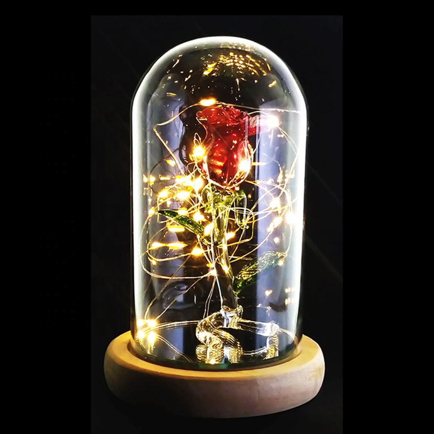 Artificial Glass Rose Decorative Flowers Lamp Led Light Dome Glass Flower Wedding Decorating